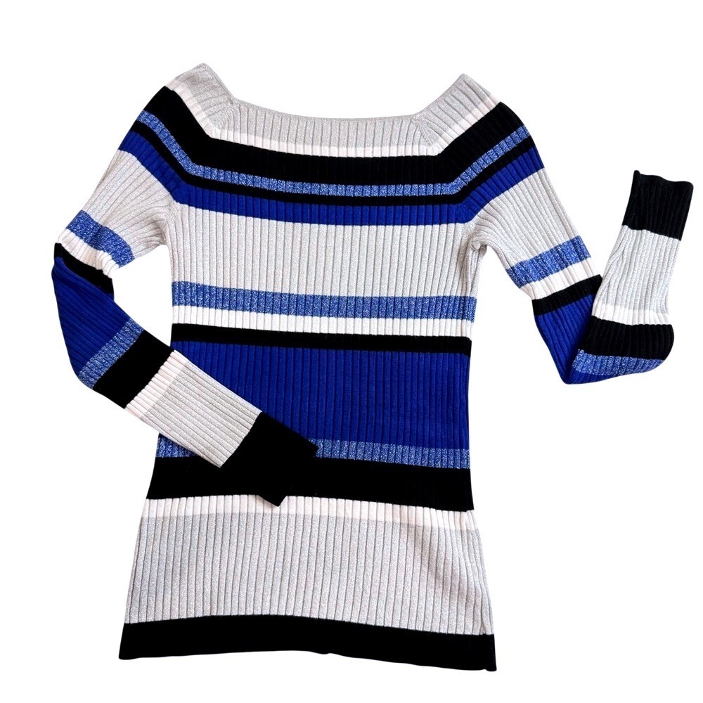 Blue Black Grey Striped Ribbed Knit Metallic Shimmer Square Neck Sweater Top